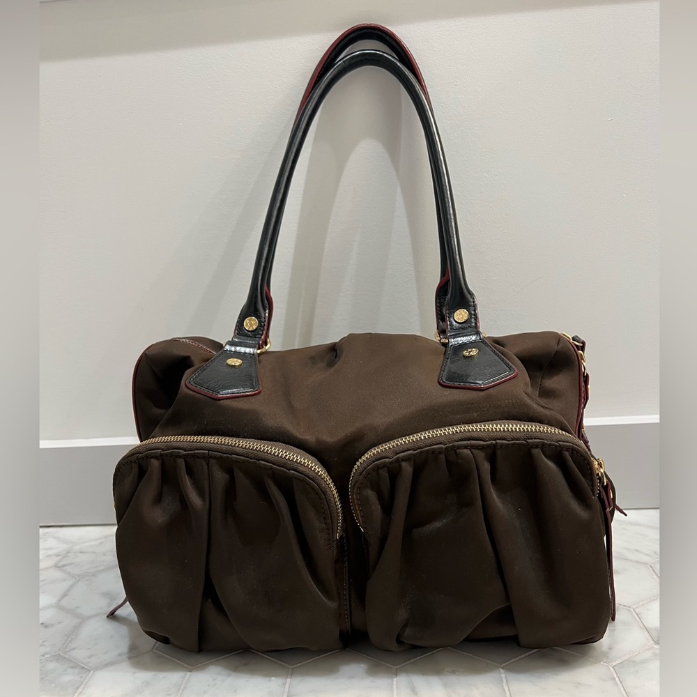 MZ Wallace Jane Tote Large Chocolate Brown Nylon Multi-Zip Leather Handles